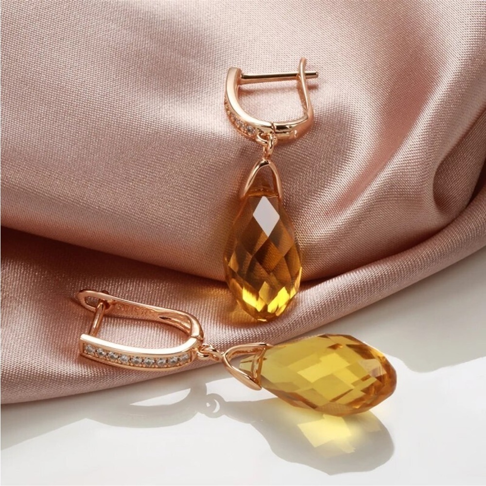 Rose Gold Plated Shiny Drop Yellow Zirconia Earrings